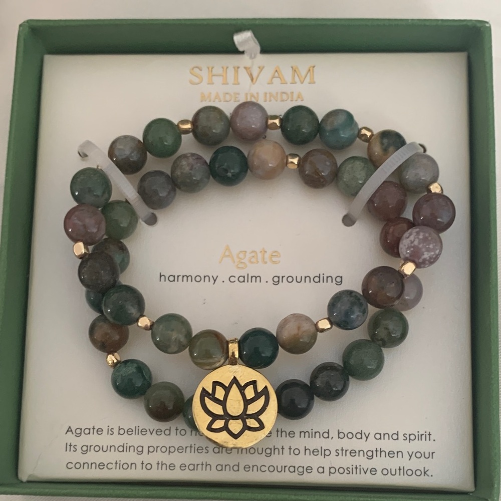 Agate Beaded Bracelet - Green and Gold
